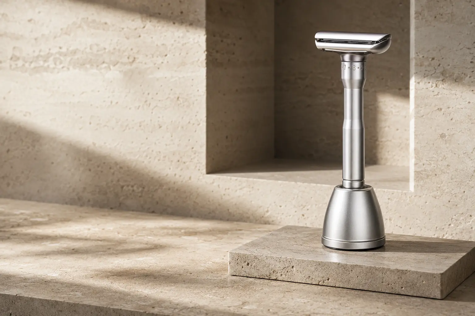 Ritual Eight adjustable safety razor resting in its matching stand