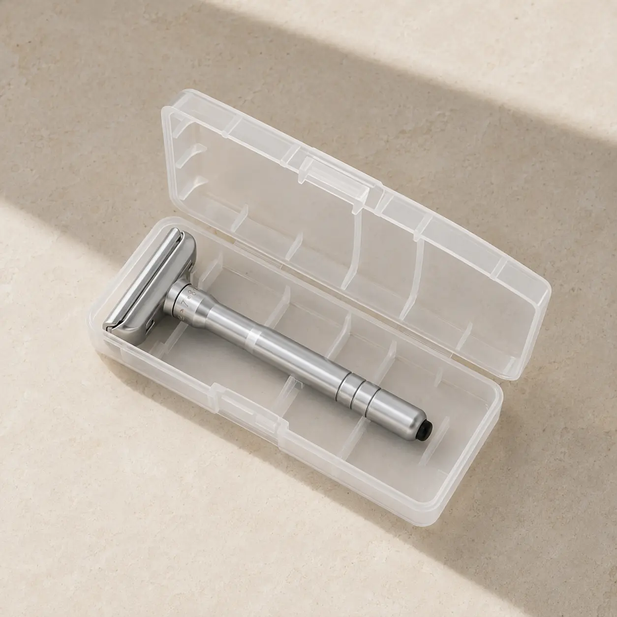 Razor inside its translucent travel storage case