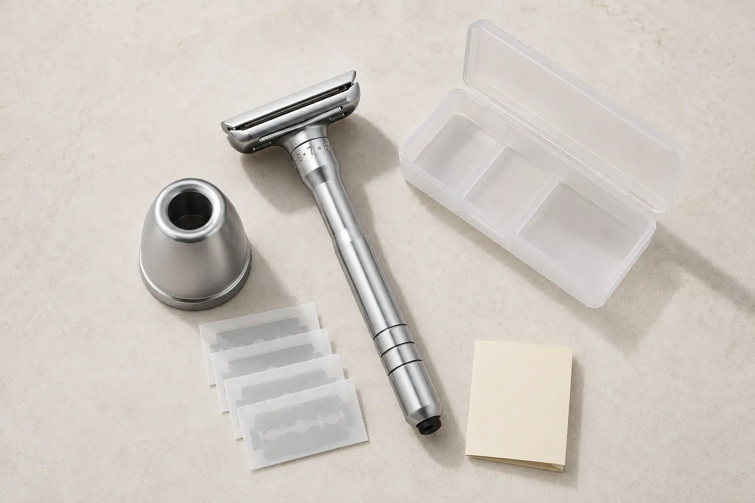 The complete Ritual Set: adjustable razor, stand, storage case and blades