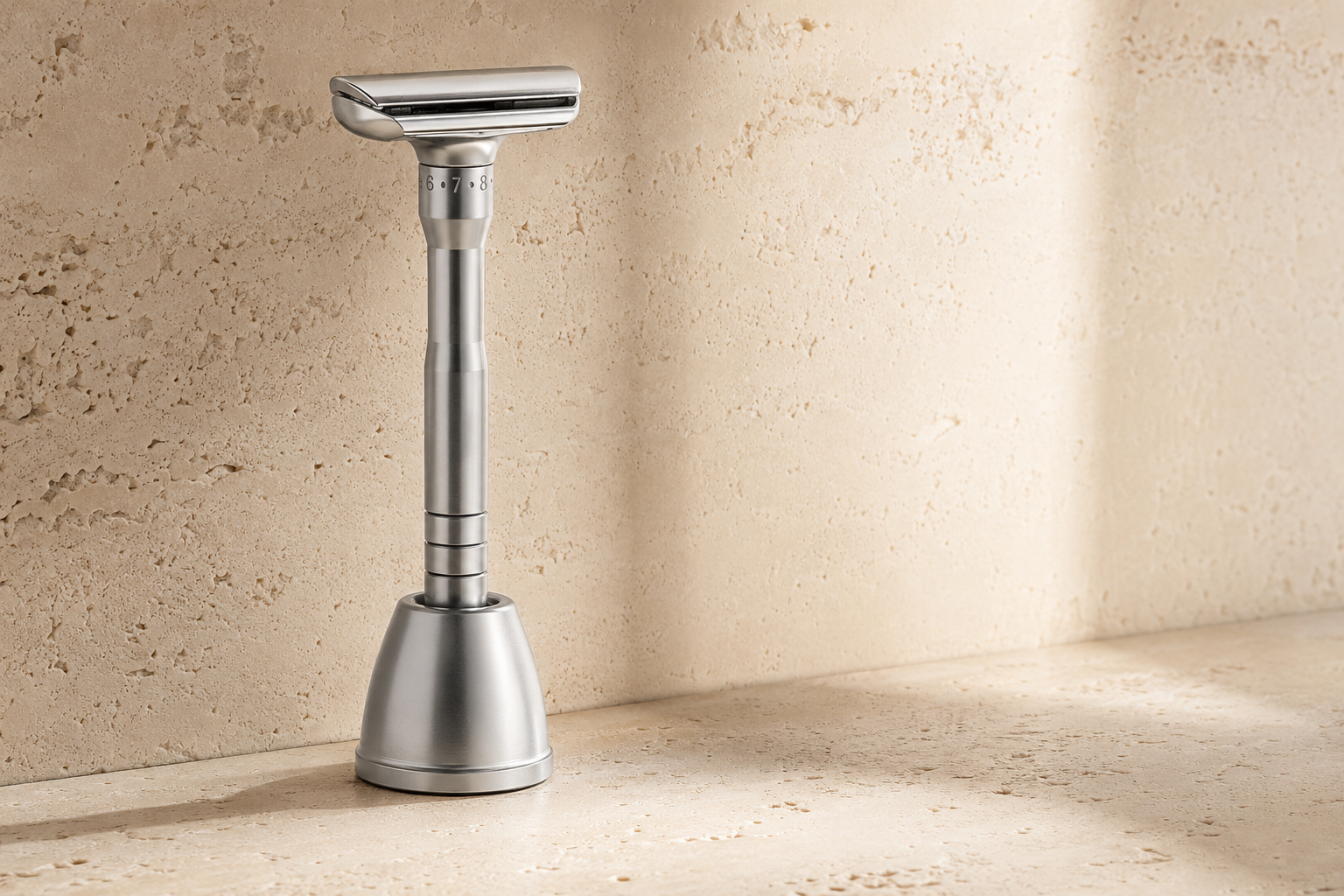 Razor resting upright in its matching stand on a travertine surface